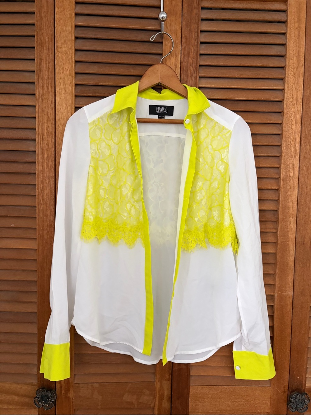 Prabal Gurung for Target White Button-Down Blouse with Neon Yellow Lace size XS